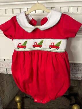 Lulu bebe Red Infant Romper with Peter Pan Collar and red truck Christmas smock